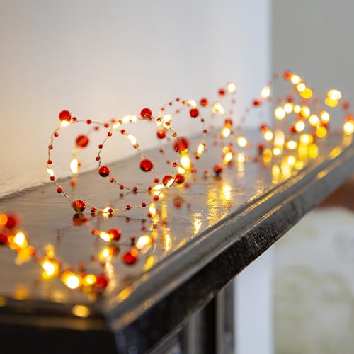Talking Tables LED Fairy Christmas String Lights for Indoor Table with Red Beads Decorative Festive Lighting with Beaded Detail for Xma Holiday Decor, Battery-Powered by 3m
