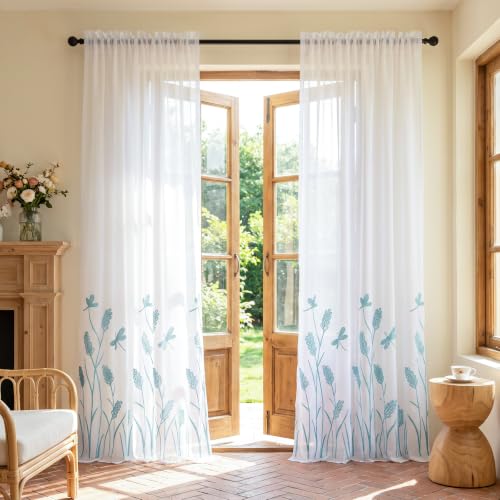 "Melodieux Wheat Embroidery Sheer Curtain Extra Wide for Living Room Patio Door, Farmhouse Floral Patterned Rod Pocket Voile Drape, Blue Wheat/White Sheer, 100"" W x 96"" L, 1 Panel"