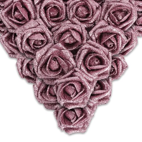 IPOPU Fake Roses,50PCS Rose Gold Flowers Artificial Glitter Roses with Stems for Crafts DIY Wedding Bouquet Home Party Decoration(Rose Gold)