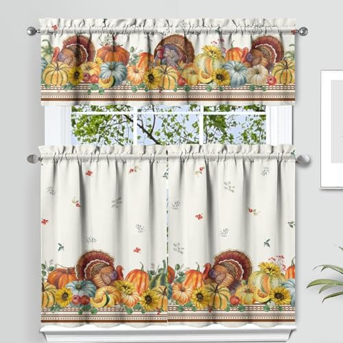 qwpmvhsak Fall Thanksgiving Kitchen Curtains Set of 3, Pumpkin Turkey Sunflower Harvest Fall Decor,Autumn Curtains and Valances for Living Room Bedroom Kitchen Cafe Thanksgiving Decor 36In