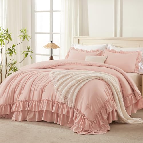 Andency Ruffle Oversized Queen Comforter Set, Blush, 3 Pieces - Shabby Chic Farmhouse Bedding Set, Lightweight Soft Comforter Set 98x98 for Girls Women (1 Comforter 2 Pillowcases)