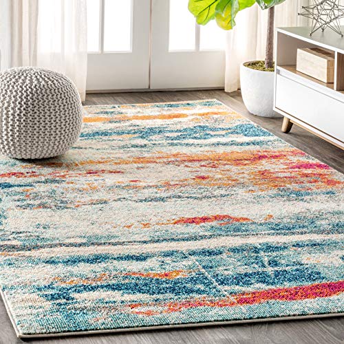 JONATHAN Y CTP102C-8 Contemporary POP Modern Abstract Brushstroke Indoor Area Rug, Transitional, Bohemian, Vintage Easy Cleaning, Non Shedding, Cream/Blue, 240 cm X 300 cm