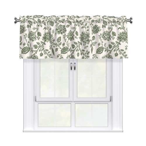 Granbey Sage Green Floral Valances for Windows Traditional Flowers Print Kitchen Curtain Farmhouse Country Rustic Valance with Rod Pocket Light Filtering Polyester Valance 54 x 18 Inch, 1 Pack