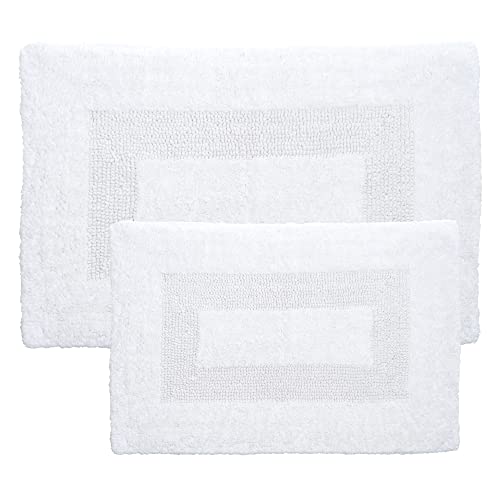 "Lavish Home Cotton Bath Mat Set- 2 Piece 100 Percent Cotton Mats- Reversible, Soft, Absorbent and Machine Washable Bathroom Rugs (White), 35"" x 22""x 0.5"""