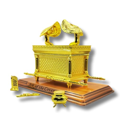 3 ARCHES USA Gold Plated The Ark of The Covenant Figurine Model (11??? x 6.5??? x 8.5???) with Contents - Aaron's Rod, Manna, Ten Commandments - Detailed Replica Tabletop Decor