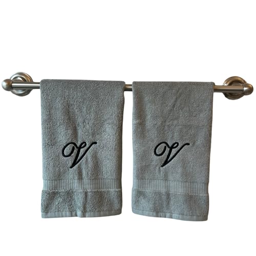 Gray Monogrammed Hand Towels for Bathroom - Luxury Hotel Quality Personalized Initial Embroidered Towel for Powder Room, Spa - GOTS Organic Certified - Set of 2 Black Letter V