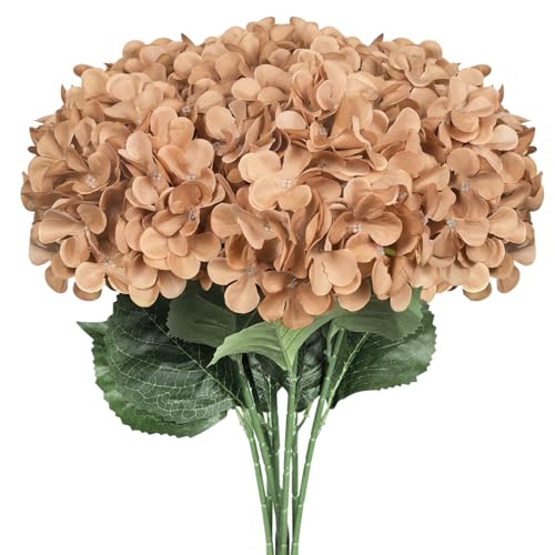 Subacy 6 PCS Artificial Hydrangea Flowers, Faux Silk Hydrangea with Long Stems, Home Wedding Decor, Table Centerpieces, Party Decorations(Coffee)