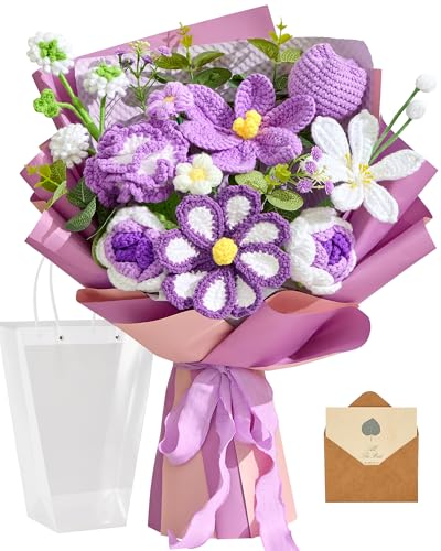 Alecono Large Purple Crochet Flower Bouquet Handmade Tulip Floral Set - Forever Artificial Flowers with Gift Card for Women, Homecoming, Valentine's Day, Mother's Day, Graduation Gifts