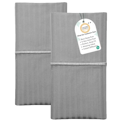 Feather & Stitch 100% Cotton King Pillow Covers Set of 2, 500TC Envelope Closure Pillowcases, Soft Luxury Damask Stripe Sateen Weave Pillow Case for Sleeping, 20x40 Inches - Grey Stripe