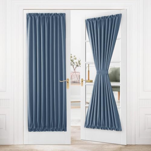 DWCN French Door Curtains ??? Rod Pocket Thermal Blackout Curtain for Window/Patio Doors/Doorways/Classroom/Kitchen for Privacy, 36W by 80L Inches, 1 Panel with Tieback, Dusty Blue