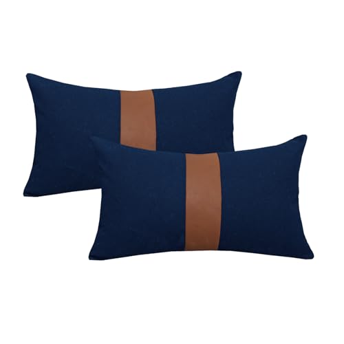 Vfuty Pack of 2 Navy Blue Lumbar Decorative Pillow Covers 12x20 Inch for Living Room Couch Sofa Bed,Modern Faux Leather Rectangle Cushion Case 30x50 cm,Rustic Farmhouse Boho Home Decor
