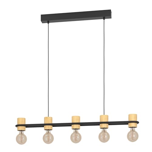 Eglo Chieveley Pendant lamp, 5-Light Hanging Ceiling lamp Above Dining Table, Black Metal and Natural Wood, E27 Socket, 88.5 cm Long