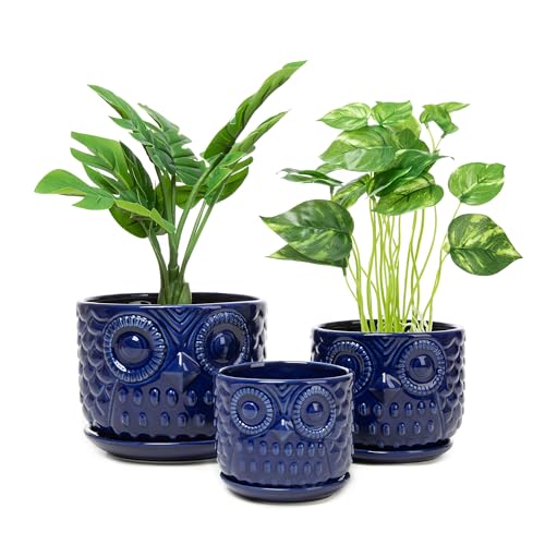 Nattol Ceramic Flower Pots, Ceramic Planters with Drainage Hole and Saucer, Modern Round Indoor Succulent Planters with Owl Design, Small to Medium-Sized, Set of 3, Navy Blue