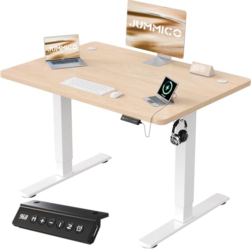 JUMMICO 100x60cm Electric Standing Desk with USB Charging Height Adjustable Desk with Sedentary Reminder Stand Up Desk with Splice Board for Home Office,Beige