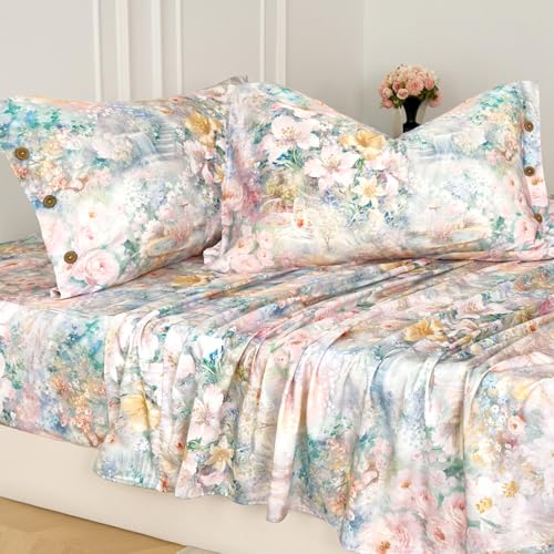Zusbest Floral King Size Sheets 400TC 100% Cotton Flannel-Like Warm Luxury Pink Green Button Bed Sheet Set 4Pcs, Double Brushed Extra Soft Breathable French Country Deep Pocket Bed Set 17.5??????