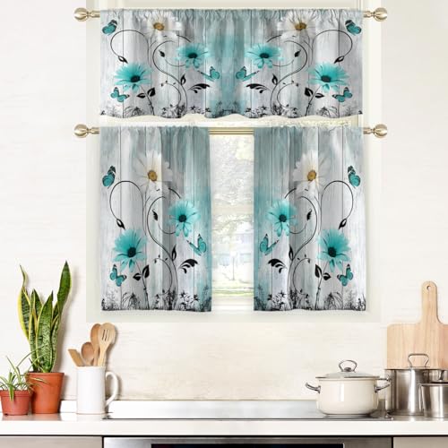 AAtter Teal Floral Kitchen Curtains Valance and Tiers Set 3 Piece Rustic Flowers White Daisy Butterfly Rod Pocket Small Short Living Room Bedroom Bathroom Window Curtains 52x18 inch + 26x36 inch*2