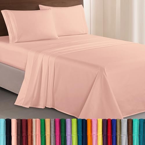 Elegant Comfort Luxurious 1500 Premium Hotel Quality Microfiber Three Line Embroidered Softest 4-Piece Bed Sheet Set, Wrinkle and Fade Resistant, Queen, Blush Pink