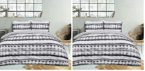 Sleepdown Tie Dye Geo Mono Black White Reversible Duvet Cover Quilt Tassel Pillow Case Bedding Set Soft Easy Care - Single (135cm x 200cm) (Pack of 2)
