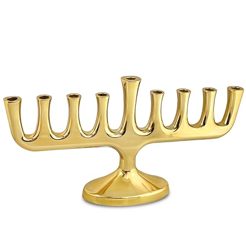 Zion Judaica Stunning Sleek Gold Designers Menorah for Hanukkah High Polished Traditional Candle and Oil Chanukiah Classic Gold Chanukah Minorah fits Candles or Oil Cups