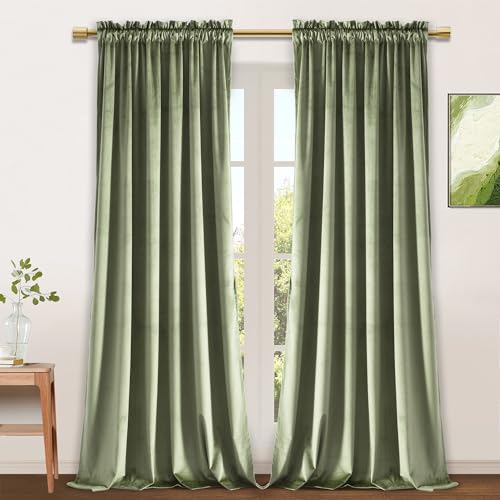 JIUZHEN Sage Green Velvet Blackout Curtains for Bedroom Thermal Insulated Room Darkening Drapes for Windows/Nursery/Kitchen, Set of 2 Panels with Tiebacks, 52W x 120L