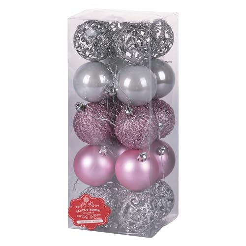 Set of 20 Assorted Pink/Silver Christmas Baubles, Diameter 6 cm, Shiny, Satin and Glittered, Santa's House