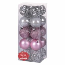 Set of 20 Assorted Pink/Silver Christmas Baubles, Diameter 6 cm, Shiny, Satin and Glittered, Santa's House