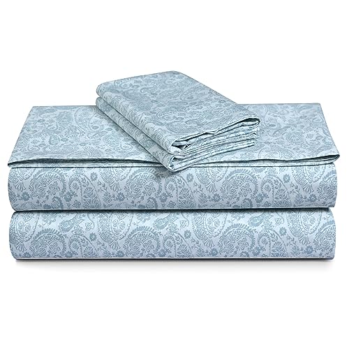 Tribeca Living Cotton Percale Sheets Twin XL Size, Extra Deep Pocket Bed Sheet Set, 300 Thread Count, Printed Danielle Paisley Blue