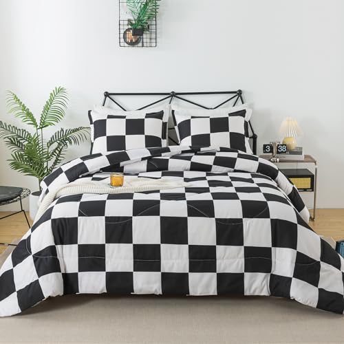 Caressma Queen Comforter Set Black White Checkered 3 Pieces Bedding Set - Geometric Grid Home Decoration, Black White Checkered Bedding Set, Fluffy Grid Plaid Comforter Home Decor for All Seasons