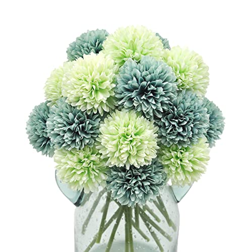Blooming Paradise 20Pcs Artificial Fake Flower Plants Silk Chrysanthemum Ball Hydrangea Arrangements Wedding Bouquets Decor Home Kitchen Garden Party Table Floral Centerpieces DIY (Blue&Green)