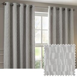 Paoletti Manhattan Room Darkening Eyelet Curtain Pair – Elegant Velvet Geometric Textured Lined Ring Top Drapes (Silver - 229x183cm)