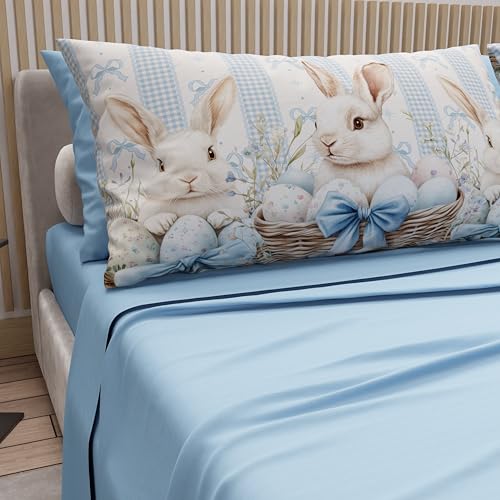 PETTI Artigiani Italiani - Easter Bed Linen in Cotton with Pillowcases in Digital Print, French Quarter Size, Easter Bed Sheet Set Top and Bottom with Corners, 29 Light Blue, Made in Italy