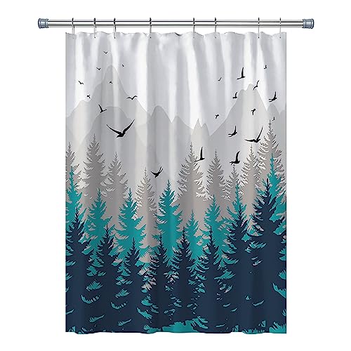 RV Shower Curtains Forest Mountain Happy Camper, Fabric RV Bathroom Curtain Sets with Hooks 47WX64H Inches (Green Grey)