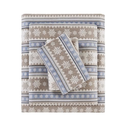 "WOOLRICH Cotton Sheet Set Cottage Charms Print, 100% Cotton Flannel Sheets Warm & Fuzzy Bedding Set Cal King Size Sheets, Fitted Pocket Fits Up to 14"" Mattress, Cal King Blue Snowflake, 4 Piece"