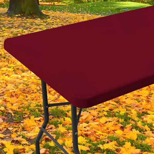 "Moosfor Spandex Picnic Table Cloth, Elastic Fitted Tablecloths for 8 Foot Rectangle Tables, Stretch Washable Patio Table Cover for Outdoor, Camping, Banquet and Parties (Wine Red, 30""x96"")"