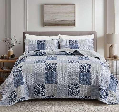 Cozyholy Navy Blue Gray King Size Quilt Set, 3 Piece Quilted Bedspread Set Patchwork Plaid Bedding Comforter Set Reversible Lightweight Microfiber Bed Spread Coverlet Set for All Seasons