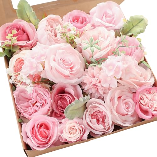 Floroom Blush Artificial Flowers Fake Roses Peonies Dahlia and Greenery Combo Box Set for DIY Pink Wedding Bouquets Bridal Shower Centerpieces Floral Arrangements Party Tables Home Decorations