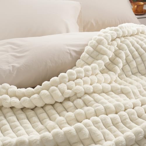 "PHF Luxury Soft Fleece Blanket Twin Size, No Shed No Pilling, 380GSM Fluffy Cozy Throw Blankets for Bed, 66""x90"", Lightweight Warm Bedding for Home Decor, for Women, Cream"