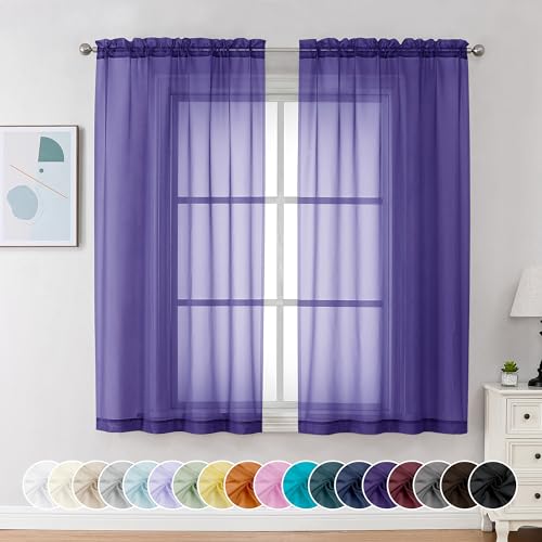 Chyhomenyc Sheer Curtains 63 Inch Length 2 Panels, Light Filtering Rod Pocket Window Sheer Curtain Drapes for Bedroom Living Room, 42Wx63L, 2 Panels, Purple