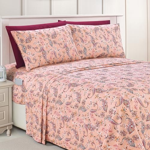 Elegant Comfort Luxury Soft Bed Sheets Paisley Pattern - 1500 Premium Hotel Quality Microfiber Softness Wrinkle and Fade Resistant (4-Piece) Bedding Set, Twin/Twin XL, Paisley Coral