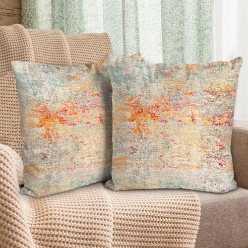 BUAEL Boho Floral Throw Pillow Covers 16x16 inch Set of 2,Cream Boho Rug Geometric Floral Pattern Decor Double Sided Pattern Cushion Cover Soft Pillow Case Living Sofa Room Bed Square Pillow Cover