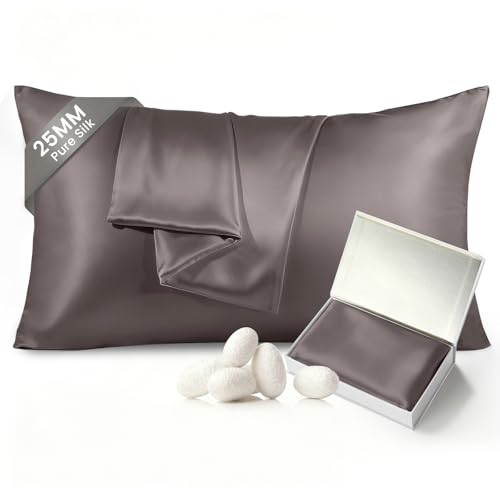 "THXSILK 100% Mulberry Silk Pillowcase for Hair and Skin, 25 Momme Both Sides Pure Natural Silk Pillowcase, Soft Breathable Zipper Pillow Case, California King Size 20""x40"", Dark Grey"