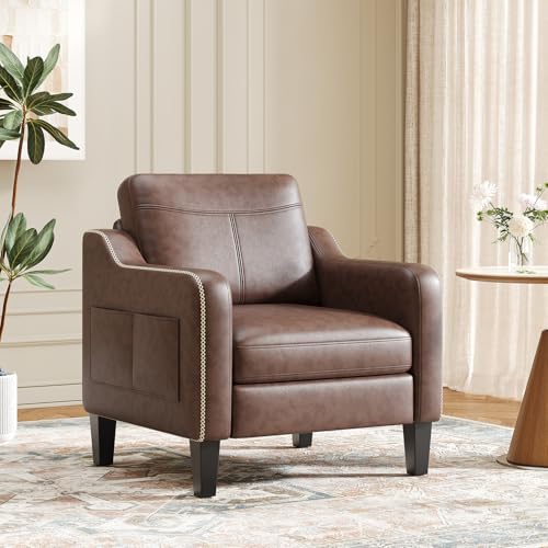Arm Chairs for Living Room Set of 1, Accent Chair with Side Storage Pocket, PU Leather Armchairs with Thick Cushion, Anti-slip Solid Plastic Legs Single Sofa Chair for Bedroom, Chocolate Brown