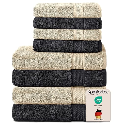 Komfortec Set of 8 Hand Towels 100% Cotton, 4 Bath Towels 70 x 140 cm and 4 Hand Towels 50 x 100 cm, Terry Towelling, Soft, Towel, Large, Black/Beige