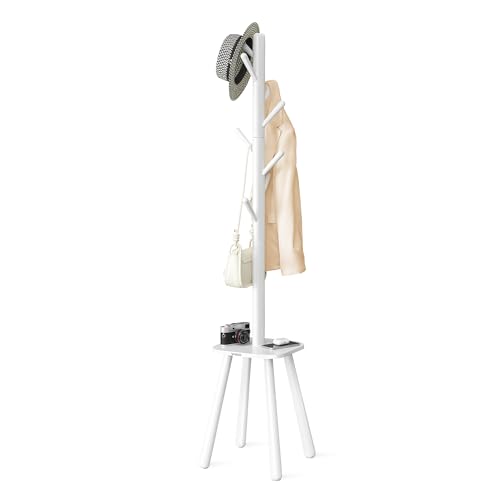 VASAGLE Coat Rack Stand, Free Standing Hall Tree with 8 Hooks and Storage Shelf, 170.5 cm Tall, for Coats, Hats, Bags, for Hallway, Entryway, Bedroom, Cloud White RCR033W01