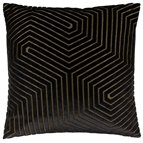 Paoletti Evoke Velvet Feather Filled Cushion – Luxurious Chevron Pattern Decorative Square Pillow With Filling (Black - 45x45cm)
