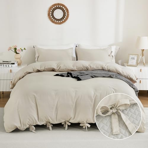 annadaif Beige Duvet Cover Queen Size, 3 Pieces Duvet Cover Set - Soft Washed Comforter Cover ,Bowknot Bow Tie, (1 Duvet Cover 90x90 Inch, 2 Pillowcases) ,Easy Care Bedding Set