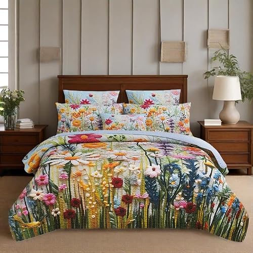 WHWODIDE Boho Floral Quilt Set King 3 Pcs Daisy Yellow Flower Pattern Bedspread Comforter Soft Lightweight Microfiber Bedding Set with 2 Pillow Shams for All Season (Daisy Yellow, King)