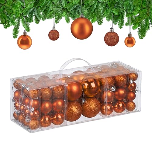 Relaxdays Christmas Baubles, Set of 76, Tree Ornaments, Holiday Decorations, Plastic, Glittery, Matte & Shiny, Orange