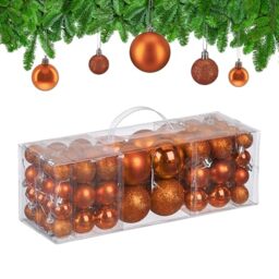 Relaxdays Christmas Baubles, Set of 76, Tree Ornaments, Holiday Decorations, Plastic, Glittery, Matte & Shiny, Orange