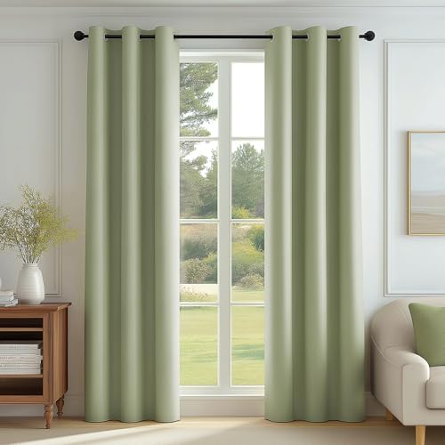 FMFUNCTEX 100% Blackout Green Curtains 40x84 Inch Grommet Drapes 2 Panels - Black out Drapes, Thermal Insulated Noise Reducing, Textured Weave, Room Darkening, Window Curtain, for Living Room,Grommet